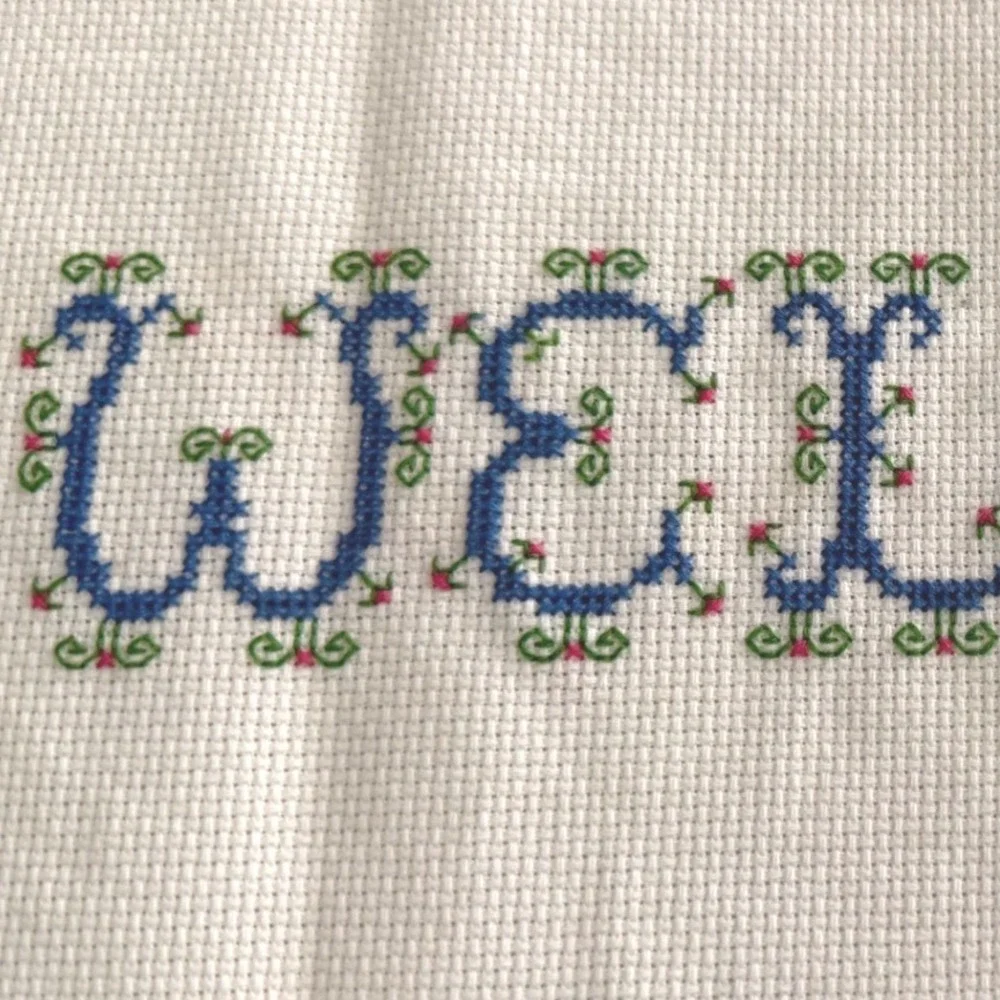 Handmade Welcome Cross Stitch Embroidery Sampler Blue Floral Decor‎ 17.5x6